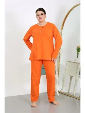 Akbeniz Düğmeli Büyük Beden Penye Uzun Kollu Kadın Pijama Takımı Turuncu Akbeniz 202501 - Alternatif Görünüm