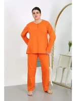 Düğmeli Büyük Beden Penye Uzun Kollu Kadın Pijama Takımı Turuncu Akbeniz 202501 Turuncu detay görünüm