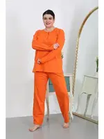 Düğmeli Büyük Beden Penye Uzun Kollu Kadın Pijama Takımı Turuncu Akbeniz 202501 Turuncu farklı açı