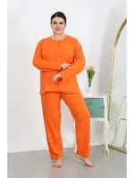 Düğmeli Büyük Beden Penye Uzun Kollu Kadın Pijama Takımı Turuncu Akbeniz 202501 Turuncu görsel 4