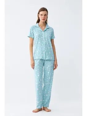 Akbeniz Yıldız Desenli Önden Düğmeli Pijama Takımı Akbeniz 2787 