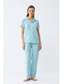 Akbeniz Yıldız Desenli Önden Düğmeli Pijama Takımı Akbeniz 2787 