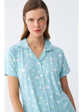 Akbeniz Yıldız Desenli Önden Düğmeli Pijama Takımı Akbeniz 2787  - Alternatif Görünüm