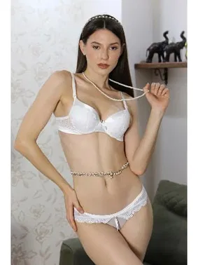 Akbeniz Dantelli Destekli Beyaz Kadın Sütyen Takım Akbeniz 3104