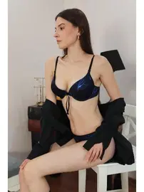 Akbeniz Mavi Kurdelalı Destekli Desenli Sütyen Takım Akbeniz 3704