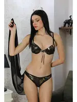 Kurdelalı Destekli Desenli Sütyen Takım Akbeniz 3704 Siyah görsel 4