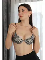  Leopar Desenli Destekli Balenli Kadın Sütyen Akbeniz 4923 Gri