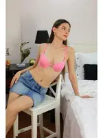 Destekli Balenli Taş Aksesuarlı Kadın Sütyen Akbeniz 2407 Pembe detay görünüm