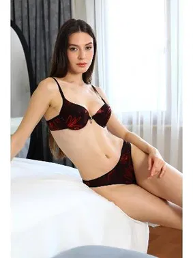 Akbeniz Kırmızı Desenli Destekli Kadın Sütyen Takım Akbeniz 3725