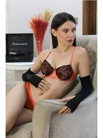 Akbeniz Turuncu Desenli Destekli Sütyen Takım Akbeniz 3913