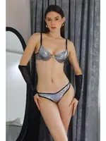 Gümüş Parlak Kadın Destekli Desenli Sütyen Takım Akbeniz 3003 Gümüş farklı açı