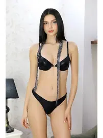 Akbeniz Destekli Desenli Parlak Kadın Sütyen Takım Siyah Akbeniz 3003