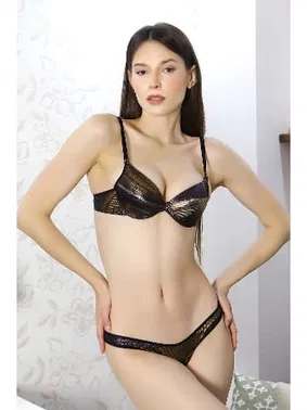 Akbeniz Parlak Destekli Desenli Kadın Sütyen Tanga Takım Altın Akbeniz 3007