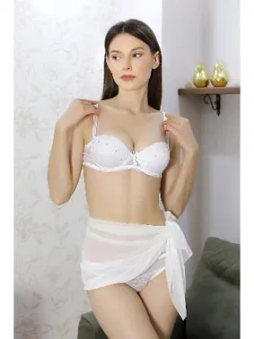 Akbeniz Kadın Destekli Taş Detaylı Sütyen Takım Akbeniz 3304 Beyaz