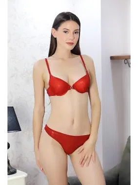 Akbeniz Kırmızı Destekli Taş Detaylı Sütyen Takım Akbeniz 3808