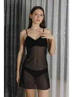 İnce Askılı Siyah Kadın Fantezi Tül Gecelik Akbeniz T2500 Siyah detay görünüm