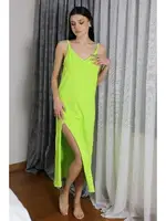 Pamuklu İp Askılı Uzun Yırtmaçlı Kadın Gecelik Akbeniz 90125 Neon Yeşil