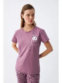 Akbeniz Patili Tavşan Baskılı Cepli Kadın Mor Pijama Takımı Akbeniz 