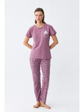 Akbeniz Patili Tavşan Baskılı Cepli Kadın Mor Pijama Takımı Akbeniz  - Alternatif Görünüm