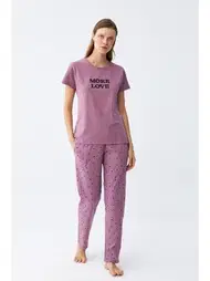 Akbeniz Yıldız Desenli Penye Kısa Kol Kadın Mor Pijama Takımı Akbeniz 2785