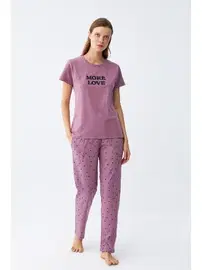 Akbeniz Yıldız Desenli Penye Kısa Kol Kadın Mor Pijama Takımı Akbeniz 2785