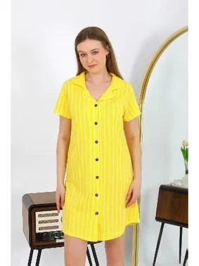 Akbeniz Kısa Kol Düğmeli Pamuk Penye Sarı Tunik Gecelik Akbeniz 13111