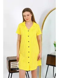 Akbeniz Kısa Kol Düğmeli Pamuk Penye Sarı Tunik Gecelik Akbeniz 13111