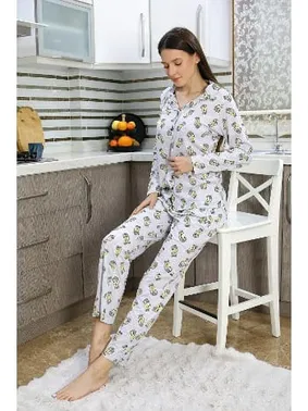 Akbeniz Önden Düğmeli Uzun Kollu Kadın Pijama Takım Gri Akbeniz 2784