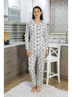 Akbeniz Önden Düğmeli Uzun Kollu Kadın Pijama Takım Gri Akbeniz 2784 - Alternatif Görünüm