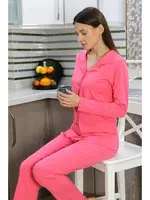 Önden Düğmeli Pamuk Penye Uzun Kol Pijama Takım Pembe Akbeniz 2783 Pembe