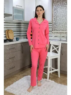 Akbeniz Önden Düğmeli Pamuk Penye Uzun Kol Pijama Takım Pembe Akbeniz 2783 - Alternatif Görünüm