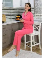 Önden Düğmeli Pamuk Penye Uzun Kol Pijama Takım Pembe Akbeniz 2783 Pembe farklı açı