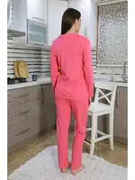 Önden Düğmeli Pamuk Penye Uzun Kol Pijama Takım Pembe Akbeniz 2783 Pembe görsel 4