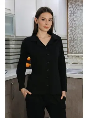 Akbeniz Pamuk Penye Önden Düğmeli Uzun Kol Kadın Pijama Takım Siyah Akbeniz 2783