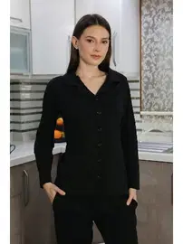 Akbeniz Pamuk Penye Önden Düğmeli Uzun Kol Kadın Pijama Takım Siyah Akbeniz 2783