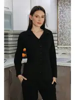 Pamuk Penye Önden Düğmeli Uzun Kol Kadın Pijama Takım Siyah Akbeniz 2783 Siyah