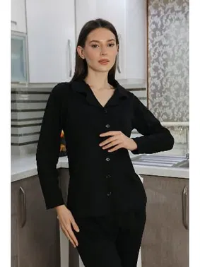 Akbeniz Pamuk Penye Önden Düğmeli Uzun Kol Kadın Pijama Takım Siyah Akbeniz 2783 - Alternatif Görünüm