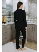 Pamuk Penye Önden Düğmeli Uzun Kol Kadın Pijama Takım Siyah Akbeniz 2783 Siyah farklı açı