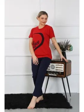 Akbeniz Kırmızı Pamuk Penye Sevgili Kombini Kadın Pijama Takımı Akbeniz 50128  - Alternatif Görünüm