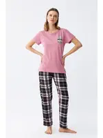 Ayıcık Baskılı Ekoseli Penye Kadın Somon Pijama Takımı Akbeniz 2786 Somon detay görünüm