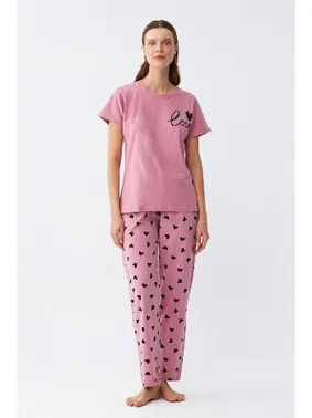 Akbeniz Somon Kalp Desenli Kısa Kollu Penye Pijama Takımı Akbeniz 2785