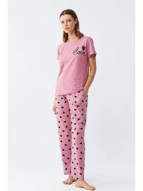 Akbeniz Somon Kalp Desenli Kısa Kollu Penye Pijama Takımı Akbeniz 2785 - Alternatif Görünüm