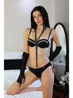 Taş Detaylı Push Up Straplez Kadın Sütyen Takım Siyah Akbeniz 3002 Siyah görsel 4