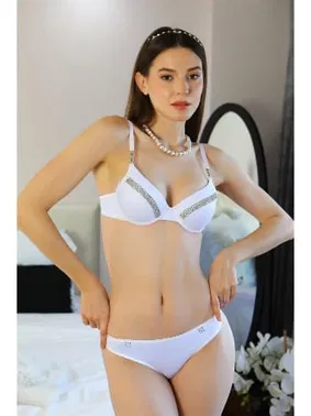 Akbeniz Push Up Taş Süslemeli Kadın Sütyen Takım Ekru Akbeniz 3001