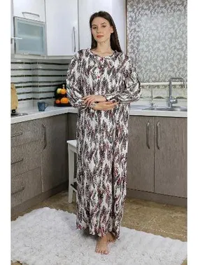 Akbeniz Yakası Düğmeli Penye Uzun Kollu Gecelik Ev Elbisesi Kırmızı Akbeniz 25500