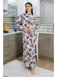 Akbeniz Uzun Kollu Desenli Penye Gecelik Ev Elbisesi Krem Akbeniz 25500