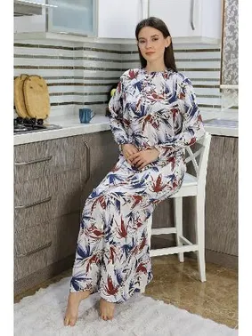 Akbeniz Uzun Kollu Desenli Penye Gecelik Ev Elbisesi Krem Akbeniz 25500 - Alternatif Görünüm