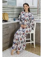 Uzun Kollu Desenli Penye Gecelik Ev Elbisesi Krem Akbeniz 25500 Krem detay görünüm