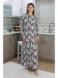 Akbeniz Uzun Kollu Penye Desenli Kadın Gecelik Ev Elbisesi Akbeniz 25500