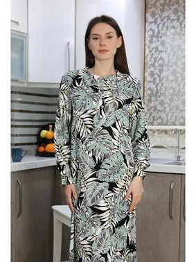 Akbeniz Yaprak Desenli Penye Uzun Kol Gecelik Ev Elbisesi Akbeniz 25500 - Alternatif Görünüm